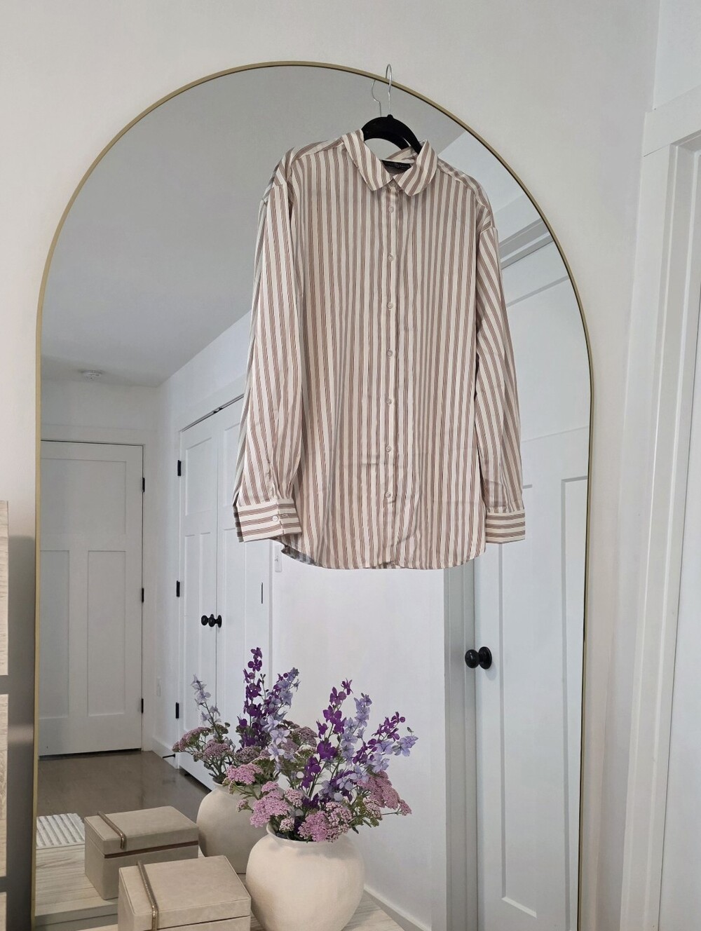 Fred David Striped Button Up Blouse XL Neutral Pink Beige Shirt